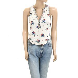 By Anthropologie Textured Floral Printed Ribbed Tank Blouse Top Ivory S 280149